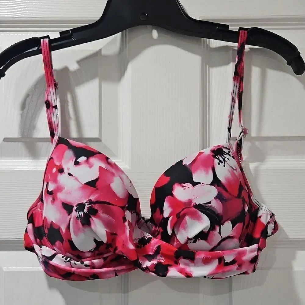 Floral Push-Up Bra Bikini Top - Pink & Black